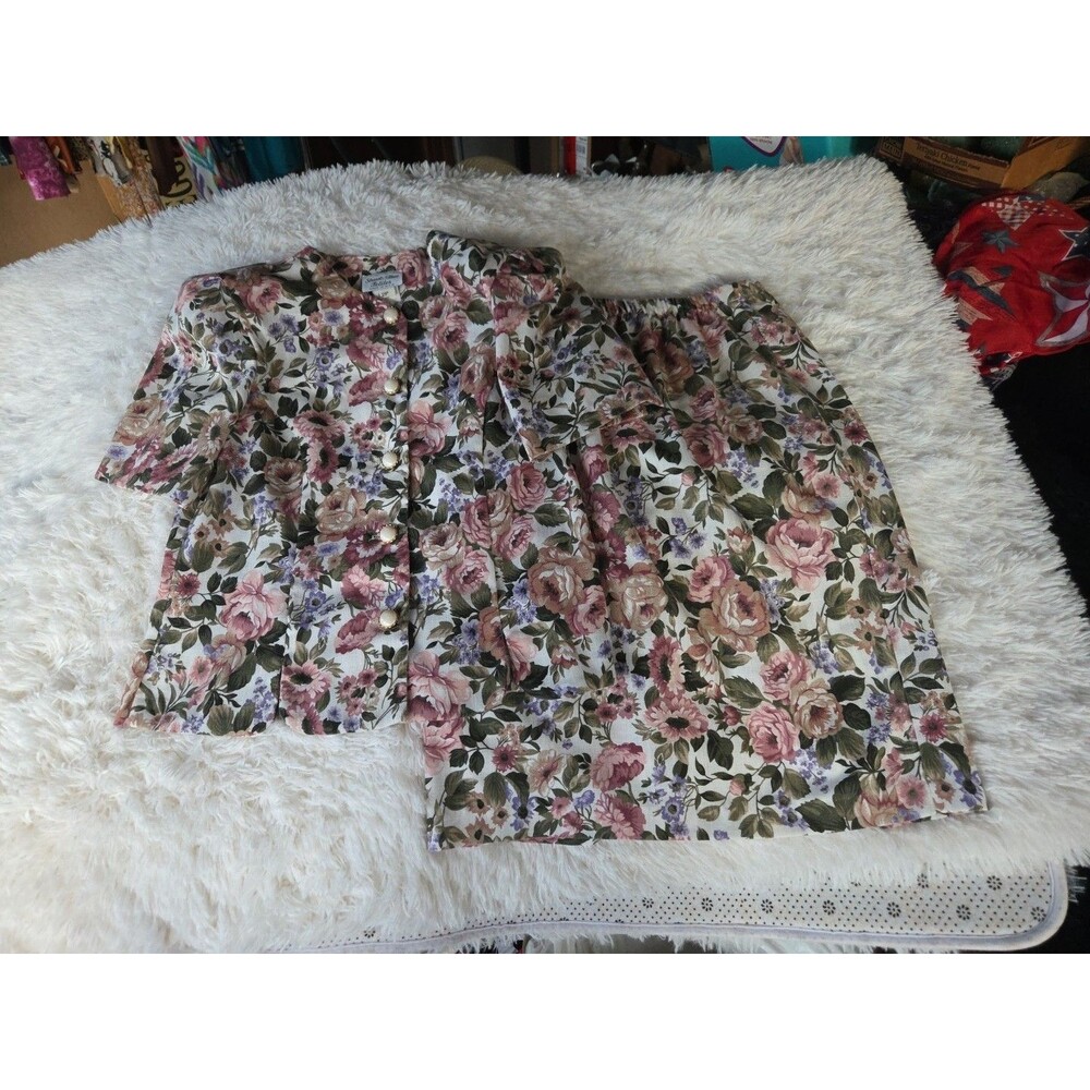 Vintage 80s Stuart Alan 2 Piece Dress Suit 12P Pink Floral Petal Hem Petite